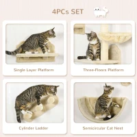 PawHut Cat Wall Shelves, 3PCs Cat Shelves with Hammock, Scratching Post, 3 Steps, Jumping Platforms, Wall Mounted Cat Climber, Beige(m-5)