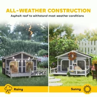 PawHut Dog House Outdoor, Wooden Dog Kennel Weatherproof with Porch, Openable Roof, Removable Bottom, Elevated Floor, Double Room for 2 Small to Medium Breeds, Gray(m-5)