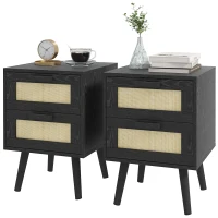 HOMCOM Boho Nightstands Set of 2, Bedside Tables with 2 Drawers for Living Room, Bedroom, Black(m-2)