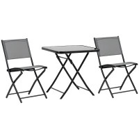 Outsunny 3-Piece Outdoor Patio Dining Set, Folding Garden Bistro Set with Glass Table Top, 2 Folding Chairs, Steel Frame, and Mesh Fabric, Gray(m-1)