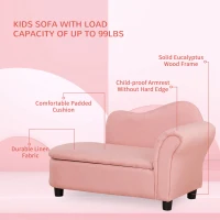 Qaba Kids Sofa, Toddler Couch with Storage Compartment, Children Chaise Lounge, Armrest Chair for Preschool for Kids Room, Kindergarten, Eucalyptus Wood, Pink(m-4)