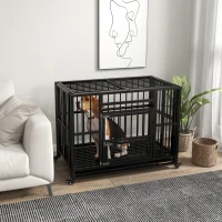 PawHut 37" Heavy Duty Dog Crate, Foldable Dog Cage on Wheels with Double Locks, Removable Tray, Openable Top, Double Doors, Indoor Outdoor Use, for Small and Medium Dogs - Black(m-8)