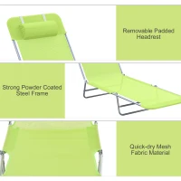 Outsunny Outdoor Lounge Chair, Portable Adjustable Reclining Seat Folding Chaise Lounge Patio Camping Beach Tanning Chair Bed with Pillow, Light Green(m-5)