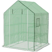 Outsunny 4.6' x 4.7' Portable Greenhouse, Water/UV Resistant Walk-In Small Outdoor Green House with 2 Tier U-Shaped Flower Rack Shelves, Roll Up Door & Windows, Green(m-1)