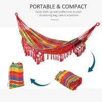 Outsunny Brazilian Style Hammock Extra Large Cotton Hanging Camping Bed with Carrying Bag, for Patio Backyard Poolside, Rainbow Stripe(m-5)