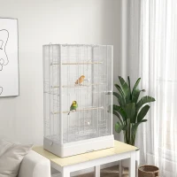 PawHut 39" Bird Cage for Budgie Finches Canaries Love Birds with Wooden Stands, Slide-Out Tray, Handles, Food Containers, White(m-1)