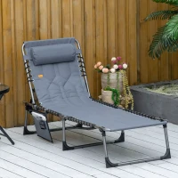 Outsunny Padded Folding Chaise Lounge Chair, Outdoor 6-Level Reclining Camping Tanning Chair with Headrest for Beach, Yard, Patio, Pool, Gray(m-2)