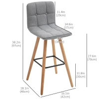 HOMCOM Modern Bar Stools Set of 2, 38" Upholstered Kitchen Island Stool with Solid Wood Legs, Grey(m-3)