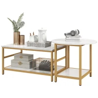 HOMCOM Coffee Tables Set of 2, Rectangle and Round Coffee Table with Storage Shelves, Faux Marble Top, Living Room Table Set(m-11)