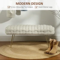 HOMCOM Upholstered Velvet End of Bed Bench 39" Woven End of Bed Bench with Gold Metal Legs for Entryway, Cream White(m-4)