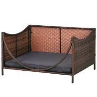 PawHut Rattan Pet Bed for Small Medium Dogs and Cats, Wicker Dog House Outdoor with Water-resistant Cushion, 35"x28"x20", Brown(m-11)