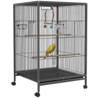 PawHut 29" Bird Cage for Parrots Lovebirds Budgies Finches, Flight Cage with 5 Doors, Swing, Stainless Steel Bowls, Removable Tray, Wheel, Grey(m-2)