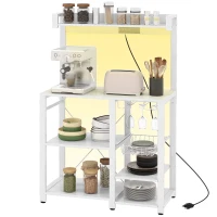 HOMCOM Industrial Kitchen Bakers Rack with Charging Station, RGB Lights, Glass Holders and Open Shelves, White(m-1)