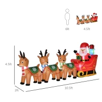 HOMCOM 10.5 ft Long Santa Claus on Sleigh with 3 Reindeer Lighted Christmas Inflatable, LED Outdoor Holiday Yard Blow Up Decoration(m-3)