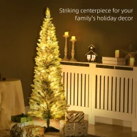 HOMCOM 5ft Pencil Christmas Tree, Slim Artificial Christmas Tree with Realistic Branches and Warm White LED Lights, Green(m-4)