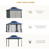 Outsunny 10'x12' Hardtop Patio Gazebo Aluminum Gazebo Canopy with Double Tier Roof, Curtains, Netting Sidewalls, Black & Grey(m-7)