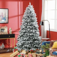 HOMCOM 7 Foot Artificial Flocked Christmas Tree with Snow, Metal Stand, Hinged Xmas Tree for Home Office Holiday(m-1)