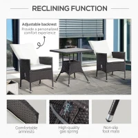 Outsunny 3 Piece Patio Bistro Set, PE Wicker Furniture Conversation Set w/ Tufted Cushion Reclining Chairs & Coffee Table, Cream(m-7)