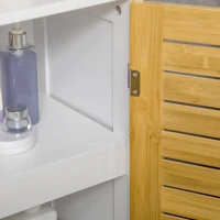 kleankin Bathroom Floor Cabinet, Side Storage Organizer Cabinet with Bamboo Doors, Adjustable Shelves for Bathroom, White and Natural(m-8)