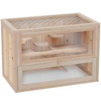 PawHut 2-Level Hamster Cage Mice and Rat House, Small Animal Habitat for Guinea Pigs, Chinchillas with Openable Top, Front Door, Shelf and Ladder, Natural(m-1)