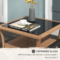 Outsunny Rattan Side Table, Outdoor End Table with Storage Shelf, Aluminum Frame Square, Coffee Table with Tempered Glass Top, Sand(m-6)