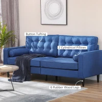 HOMCOM Mid-Century Sofa, Couch with Button-Tufted Back Cushion, Velvet Feel Fabric Upholstery, 2 Cylindrical Pillows and Rubber Wood Legs for Living Room, Dark Blue(m-5)