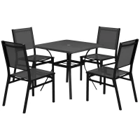 Outsunny 5 Pieces Outdoor Dining Set with Umbrella Hole, Patio Table and Chairs with Steel Top, Breathable Mesh Seat Back(m-2)