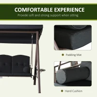 Outsunny 3-Seat Patio Swing Chair, Outdoor Porch Swing Glider with Adjustable Canopy, Removable Cushion, Pillows and Side Trays, for Garden, Poolside, Backyard, Black(m-6)