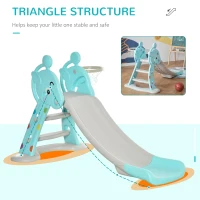 Qaba 2 in 1 Kids Slide with Basketball Hoop, Foldable Toddler Freestanding Slider Playset, for 18 months -4 Years Deer Shaped, Includes Basketball, Pump - Blue(m-5)