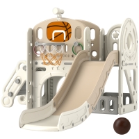 Qaba 7-in-1 Toddler Slide, Kids Slide for Ages 1-6 Years w/ Ring Toss, Basketball Hoop, Telescope Climber, Storage Space