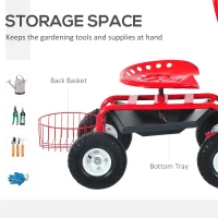 Outsunny Garden Scooter, Rolling Cart with Swivel and Adjustable Seat, Tool Tray, Bucket Basket, Red and Black(m-5)