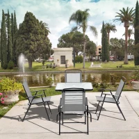 Outsunny 5 Pieces Patio Table and Chairs, Outdoor Dining Set with 4 Folding Chairs, Glass Tabletop and Parasol Hole, Grey(m-1)
