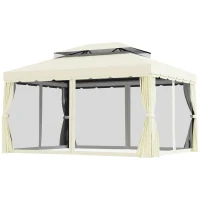 Outsunny 10 x 13ft Aluminum Frame Gazebo Canopy Double Tier Garden Shelter with Netting and Curtains, Cream White(m-11)