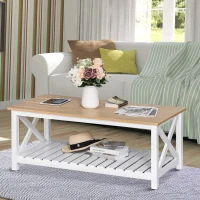 HOMCOM Farmhouse Style Coffee Table with X Bar Frame, Open Slat Wooden Bottom Shelf, Natural/White(m-2)