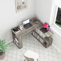 HOMCOM 360° Rotating L Shaped Desk, Corner Computer Desk with Storage Shelves for Home Office, Grey(m-7)