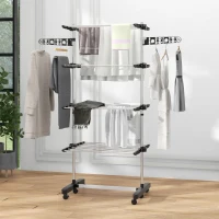 HOMCOM Garment Drying Rack Stainless Steel Folding Clothes Hanging Rack with Side Wings Castors for Indoor Outdoor Black(m-8)