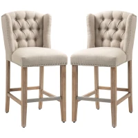 HOMCOM Counter Height Bar Stools Set of 2, 27" Seat Height Upholstered Barstools, Farmhouse Kitchen Island Stools with Nailhead-Trim, Tufted Back and Wooden Legs, Beige(m-11)