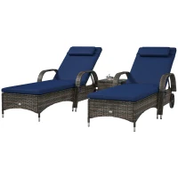 Outsunny Patio Wicker Chaise Lounge Chair Set of 2 with Table, Adjustable Backrest, Wheels, Cushion & Headrest, Dark Blue(m-1)