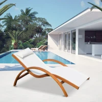 Outsunny Outdoor Wood Sling Chaise Lounge Reclining Garden Mesh Lounger Patio Chair with Headrest Cream(m-8)