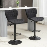 HOMCOM Bar Stools Set of 2, Adjustable Height Swivel Bar Chairs, Linen-feel Fabric Upholstered Kitchen Counter Stools with Wide Seat, Back and Footrest, Black(m-1)