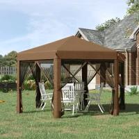 Outsunny 12.5' Pop Up Gazebo Hexagonal Canopy Tent Outdoor Shelter Pavilion Sun Protection with Mesh Sidewalls, Handy Bag, Dark Brown(m-1)