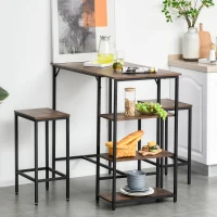 HOMCOM Industrial 3 Piece Dining Table Set, Counter Height Bar Table and Chairs Set, Kitchen Bistro Table Set with Storage Shelf and Stools, Rustic Brown(m-10)