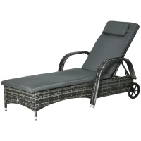 Outsunny Wicker Outdoor Chaise Lounge, 5-Level Adjustable Backrest PE Rattan Pool Lounge Chair with Wheels, Cushion & Headrest, Mixed Gray and Charcoal Gray(m-11)