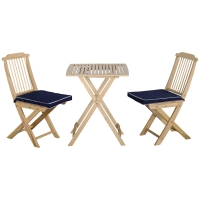Outsunny 3 Pieces Patio Folding Bistro Set, Outdoor Pine Wood Table and Chairs Set with Tie-on Cushion & Square Coffee Table, Great for Indoor, Poolside, Garden, Dark Blue