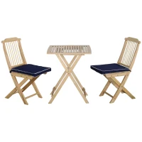 Outsunny 3 Pieces Patio Folding Bistro Set, Outdoor Pine Wood Table and Chairs Set with Tie-on Cushion & Square Coffee Table, Great for Indoor, Poolside, Garden, Dark Blue(m-1)