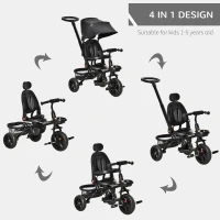 Qaba Tricycle for Toddler 4 in 1 Kids Trike with Reversible Adjustable Seat, Baby Push Bike with Removable Handle, Canopy, Belt Storage Brake Clutch for 1-5 Years, Black(m-4)