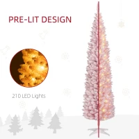 HOMCOM 7ft Pencil Christmas Tree, Slim Artificial Christmas Tree with Snow Flocked Branches and Warm White LED Lights, Pink(m-5)