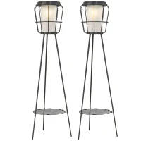 Outsunny Set of 2 Solar or USB Rechargeable Lamp Set LED Accent Lantern Light with Bottom Shelf for Garden Porch Lawn(m-2)