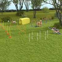 PawHut 4-Piece Dog Agility Training Equipment Doggie Obstacle Course with Tunnel, Hurdle Bar, Hoop, Weave Poles, and Easy Carry Case(m-9)