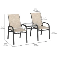 Outsunny Outdoor Loveseat with Glass Table, Garden Patio Bench with Breathable Mesh Seat, High Back, Armrests, Brown(m-3)